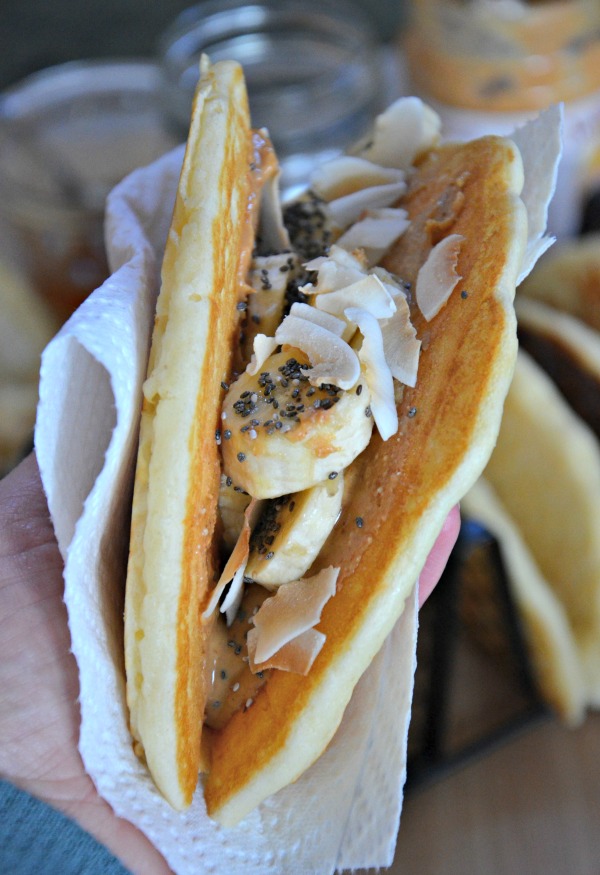 Peanut Butter & Honey Pancake Tacos with Banana, www.mountainmamacooks.com